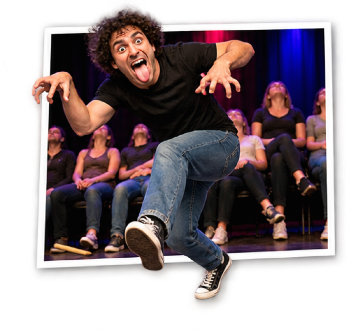 A volunteer becoming a dinosaur on stage