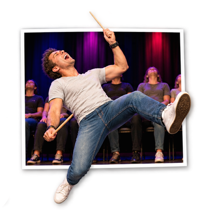 A volunteer having fun as an imaginary drummer